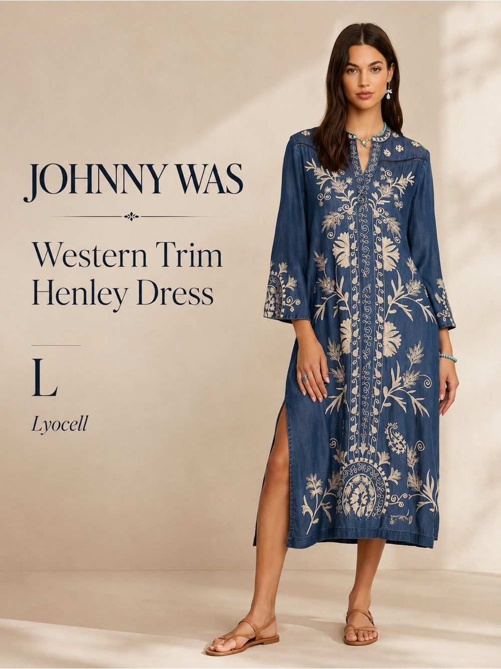 Johnny Was Western Trim Henley Dress Embroidered Boho Size L